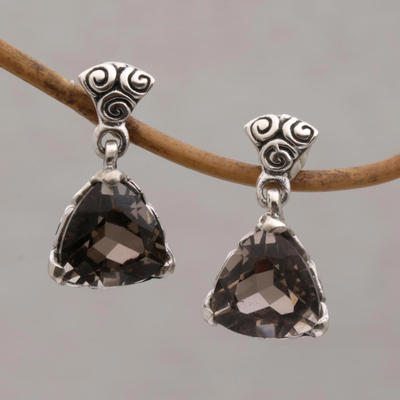 Smoky quartz dangle earrings, 'Mystic Trinity' - Indonesian Smoky Quartz Sterling Silver Earrings