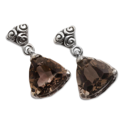 Smoky quartz dangle earrings, 'Mystic Trinity' - Indonesian Smoky Quartz Sterling Silver Earrings