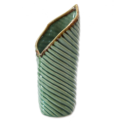 Ceramic vase, 'Banana Roll' - Artisan Crafted Ceramic Banana Leaf Theme Vase