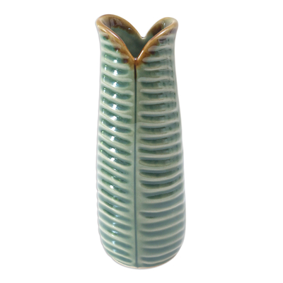 Jarrón de ceramica - Jarrón de hojas de cerámica verde hecho a mano en Bali