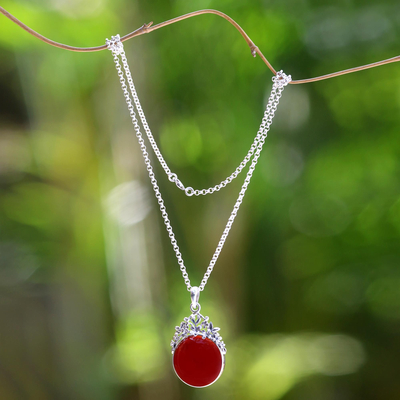 Carnelian pendant necklace, 'Floral Sun' - Carnelian pendant necklace