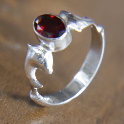 Garnet solitaire ring, 'Dolphin Dance' - Sterling Silver Dolphin Ring with Garnet