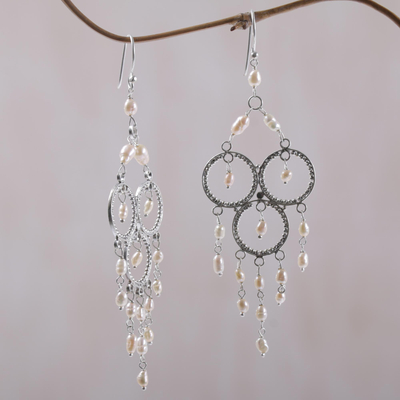 Pearl chandelier earrings, 'Rose Cascade' - Sterling Silver Pearl Chandelier Earrings
