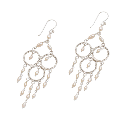 Pearl chandelier earrings, 'Rose Cascade' - Sterling Silver Pearl Chandelier Earrings