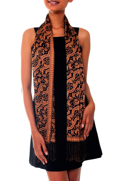 Silk batik scarf, 'Tamarind Leaves' - Unique Indonesian Batik Silk Scarf