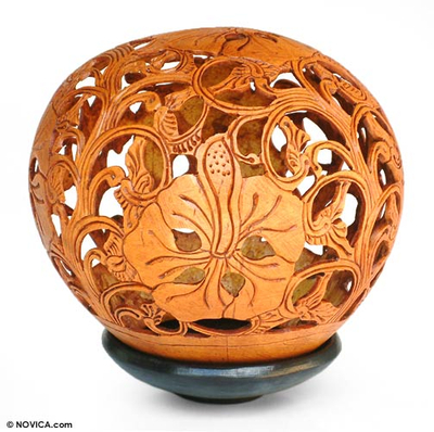 Floral Coconut Shell Carving with Stand