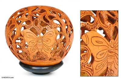 Coconut shell sculpture, 'Wild Butterfly' - Coconut Shell Carving
