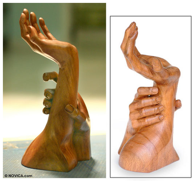 Wood statuette, 'Supportive Hand' - Indonesian Wood Statuette