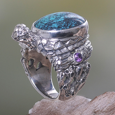 Sterling silver ring, 'Teal Turtle' - Sterling Silver and Reconstituted Turquoise Ring