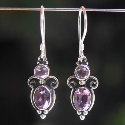Amethyst dangle earrings, 'Crown Princess' - Sterling Silver Amethyst Dangle Earrings