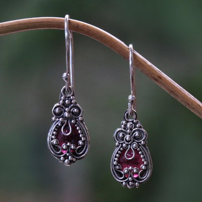Garnet earrings, 'Red Blossoms' - Sterling Silver Garnet Dangle Earrings