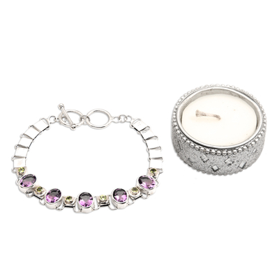 Amethyst and peridot pendant bracelet, 'Exuberance' - Handmade Amethyst Sterling Silver Link Bracelet