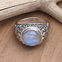 Rainbow moonstone solitaire ring, 'Sacred Lotus'