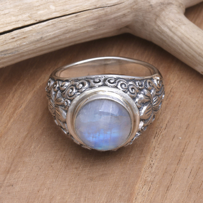Rainbow moonstone solitaire ring, 'Sacred Lotus' - Rainbow Moonstone and Sterling Silver Ring from Bali