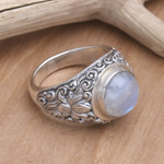 Rainbow moonstone solitaire ring, 'Sacred Lotus' - Rainbow Moonstone and Sterling Silver Ring from Bali