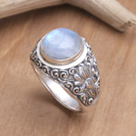 Rainbow moonstone solitaire ring, 'Sacred Lotus' - Rainbow Moonstone and Sterling Silver Ring from Bali