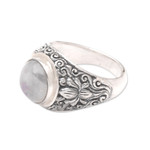 Rainbow moonstone solitaire ring, 'Sacred Lotus' - Rainbow Moonstone and Sterling Silver Ring from Bali