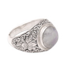 Rainbow moonstone solitaire ring, 'Sacred Lotus' - Rainbow Moonstone and Sterling Silver Ring from Bali