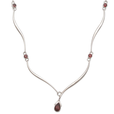 Garnet pendant necklace, 'Silver Tendrils' - Handcrafted Sterling Silver and Garnet Necklace