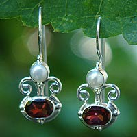 Garnet and pearl dangle earrings, 'Sunrise Spirit' - Sterling Silver Garnet Drop Earrings