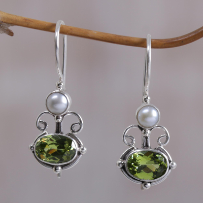 Peridot and pearl drop earrings, 'Sunrise Spirit' - Peridot Sterling Silver Drop Earrings