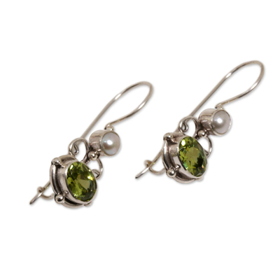 Peridot and pearl drop earrings, 'Sunrise Spirit' - Peridot Sterling Silver Drop Earrings