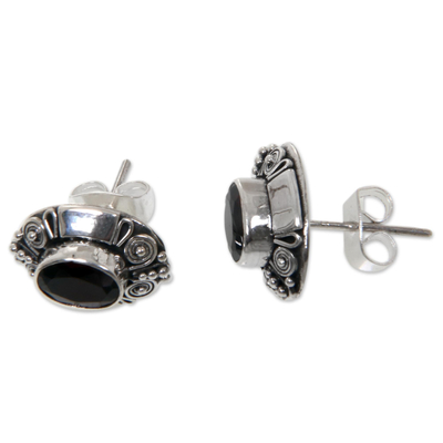 Garnet button earrings, 'Exuberance' - Garnet Sterling Silver Button Earrings
