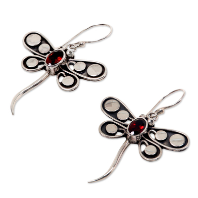 Garnet dangle earrings, 'Dragonfly Glow' - Garnet dangle earrings