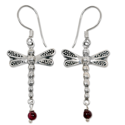 Garnet dangle earrings, 'Nocturnal Dragonfly' - Sterling Silver Dangle Earrings