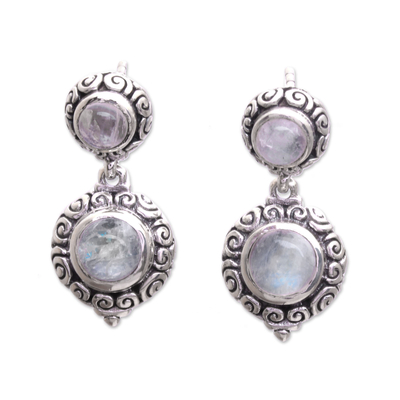 Rainbow moonstone dangle earrings, 'Infinite Sky' - Balinese Style Rainbow Moonstone Dangle Earrings