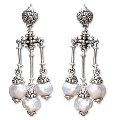 Cultured pearl chandelier earrings, 'Shower of Blessings' - Pearl Sterling Silver Chandelier Earrings
