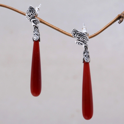 Carnelian earrings, 'Honeysuckle' - Carnelian Sterling Silver Dangle Earrings