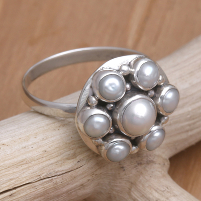 Pearl cocktail ring, 'White Rose' - Sterling Silver and Pearl Cluster Ring