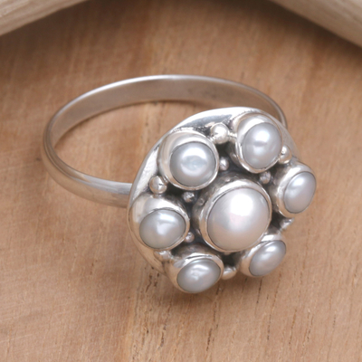 Pearl cocktail ring, 'White Rose' - Sterling Silver and Pearl Cluster Ring