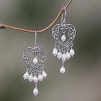 Pearl chandelier earrings, 'Heart Symphony' - Sterling Silver Pearl Chandelier Earrings