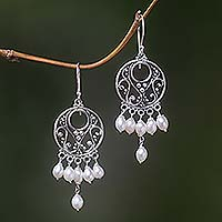 Pearl chandelier earrings, 'Moonbeams' - Pearl Sterling Silver Chandelier Earrings