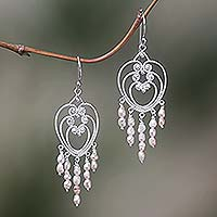 Pearl flower earrings, 'Rose Romance' - Heart Shaped Sterling Silver Pearl Chandelier Earrings
