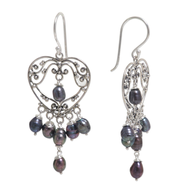 Pendientes candelabro de perlas - Pendientes en forma de corazón de perlas de plata de ley