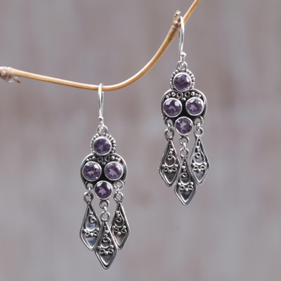 Amethyst chandelier earrings, 'Forest Princess' - Sterling Silver Amethyst Chandelier Earrings