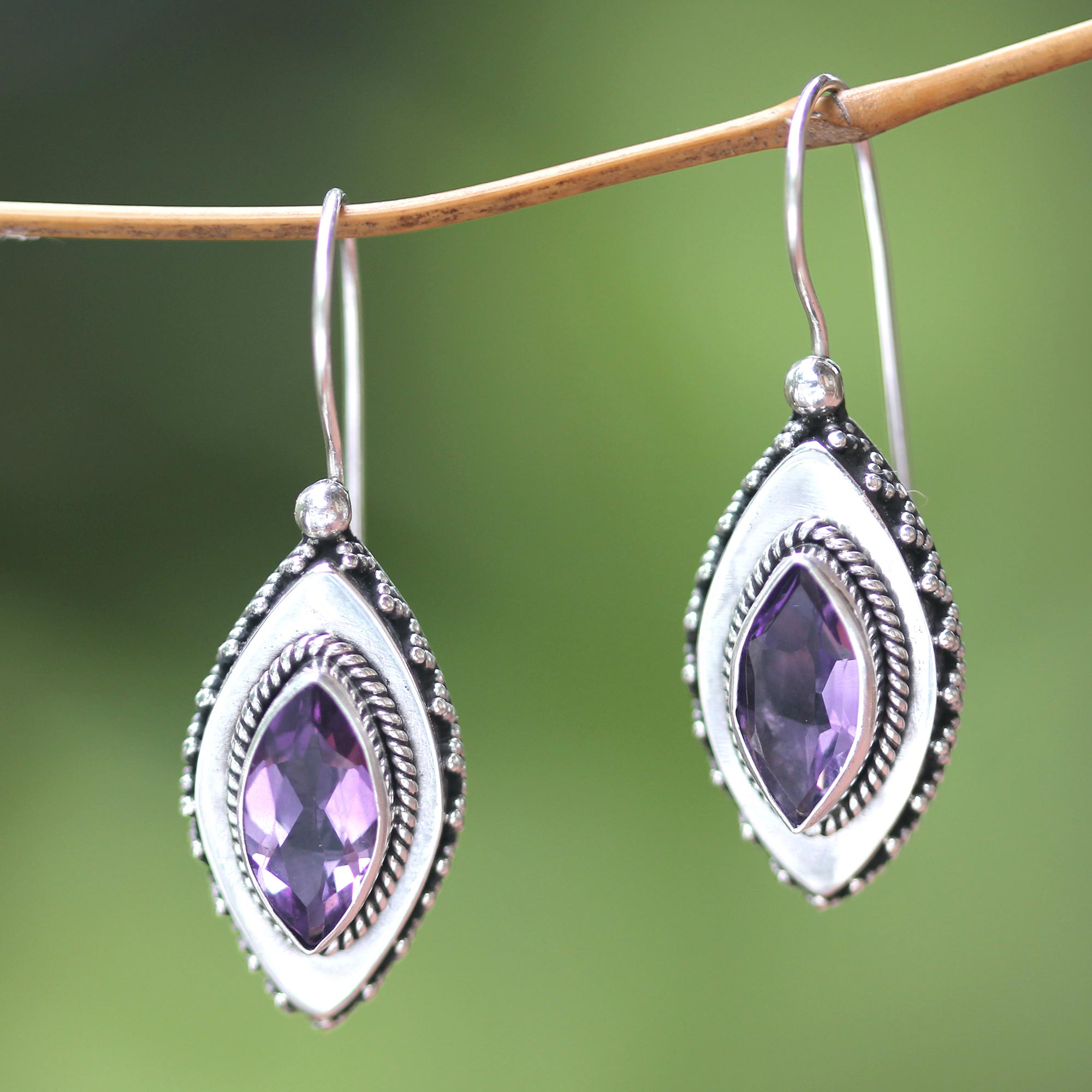 Sterling Silver Amethyst Drop Earrings - Diamond Sparkle | NOVICA