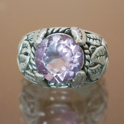 Amethyst solitaire ring, 'Spring' - Faceted Amethyst Floral Silver Solitaire Ring