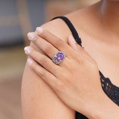 Amethyst solitaire ring, 'Spring' - Faceted Amethyst Floral Silver Solitaire Ring