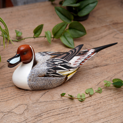 Wood sculpture, 'Life Size Pintail Duck' - Wood Bird Sculpture