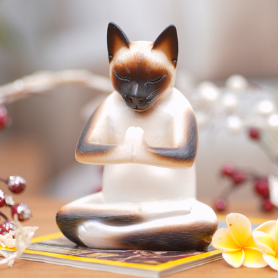 Wood sculpture, 'Kitty Meditates' - Original Hand Carved Cat Sculpture
