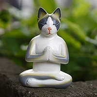 Wood sculpture, 'Cat in Meditation' - Unique Wood Cat Sculpture