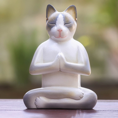 Escultura de madera, 'Gato en meditación' - Escultura única de gato de madera