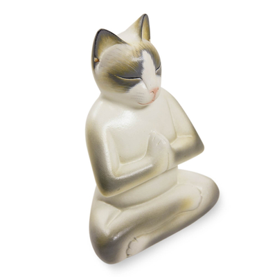 Escultura de madera, 'Gato en meditación' - Escultura única de gato de madera