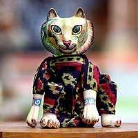 Wood display doll, 'Cat Who Loves Nature' - Cotton and Wood Decorative Doll
