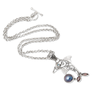 Garnet and pearl pendant necklace, 'Dolphin Plays Ball' - Garnet and pearl pendant necklace