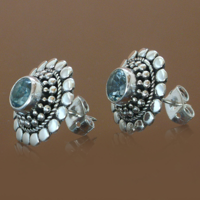 Topaz earrings, 'Cold Blue Sun' - Floral Blue Topaz Sterling Silver Button Earrings